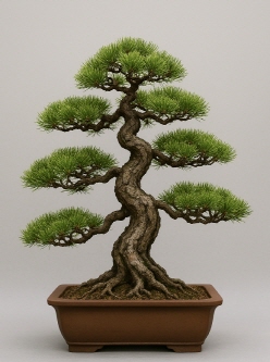 정교하게 다듬어진 분재 소나무가 화분에 심겨져 있으며, 굵고 구불구불한 줄기와 조밀하게 배치된 수평 가지들이 조화를 이루고 있다. 가지 끝에는 짙은 녹색의 솔잎이 균형 있게 퍼져 있으며, 전체 수형은 부채형 또는 구름 모양으로 구성되어 있다. 분재는 낮은 돌 화분에 담겨 있으며, 배경은 은은한 회색 톤으로 되어 있어 소나무의 섬세한 형태가 더욱 돋보인다.