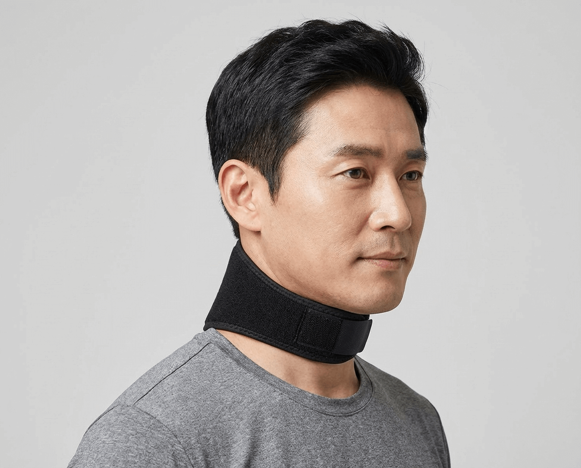 자석 목 보호대 착용 모습, 목 지지 및 고정 밴드 타입