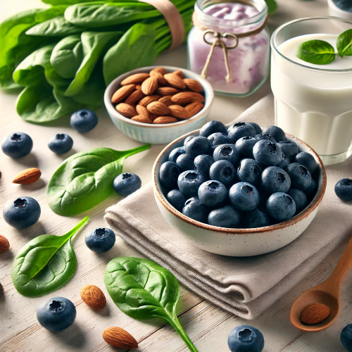 신선한 블루베리 한 그릇과 시금치 잎, 아몬드, 요거트가 놓인 건강한 식재료 구성. 자연광 아래 건강하고 영양가 높은 블루베리의 매력을 강조한 장면