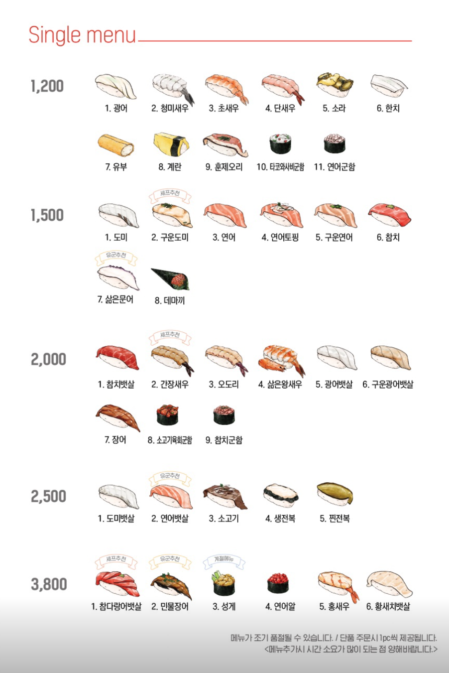 제주 유군초밥 메뉴구성