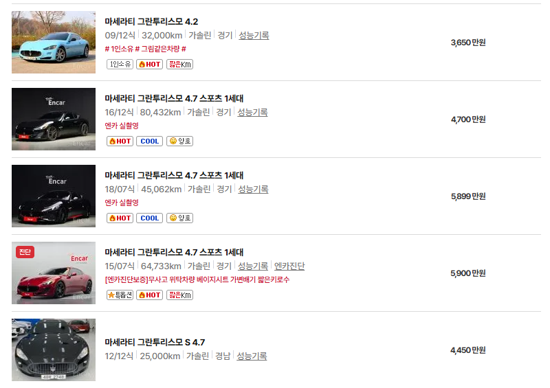 마세라티 그란투리스모 중고차 가격 시세표 연비