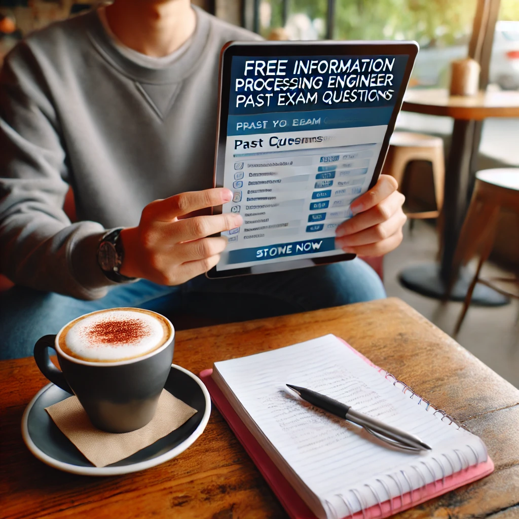 카페에서 태블릿으로 정보처리기사 기출문제를 다운로드하며 커피와 노트를 활용하는 학생