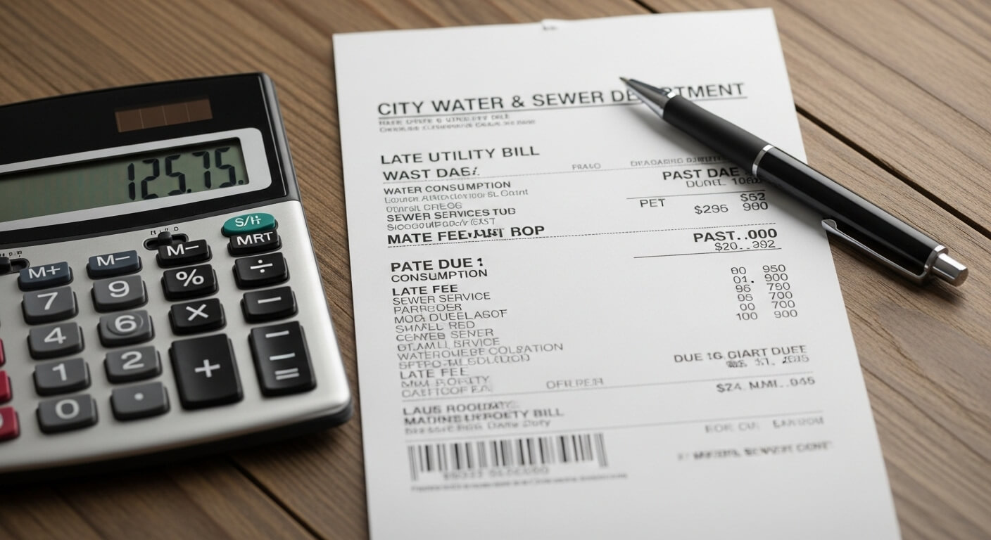 수도요금 고지서와 계산기, 볼펜이 놓인 책상 위 장면