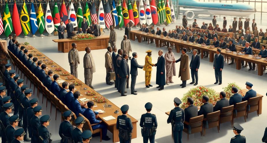 한국과 아프리카 국가들 간의 정상회의 상상도/ 국가 수뇌들이 서로 반갑게 악수하고 있다/ 많은 관료들이 자리를 차지했다/ 경찰들이 경비하고 있다.