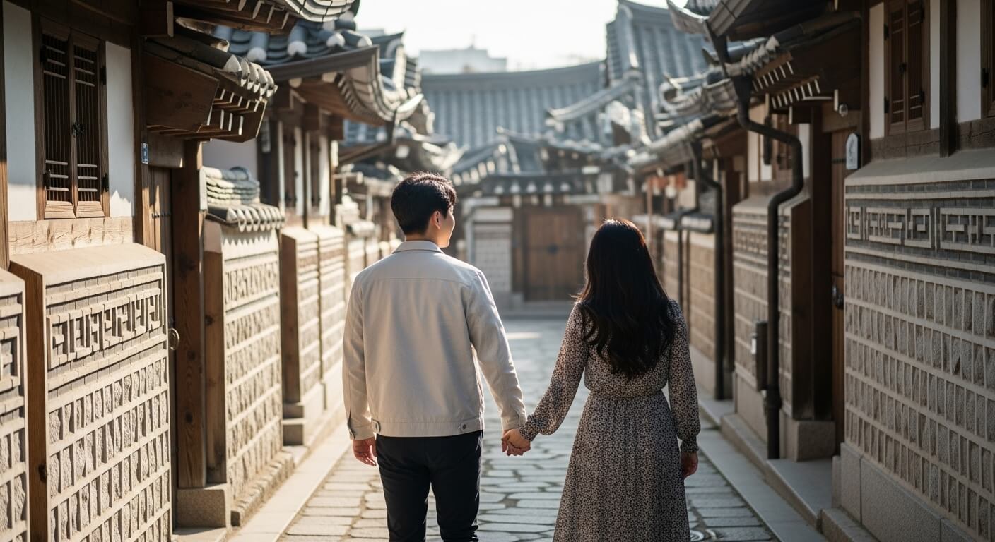 전통 한옥마을 골목을 걸으며 여행을 즐기는 커플