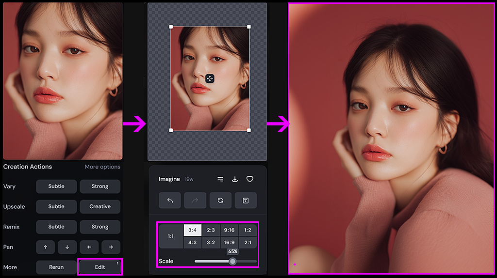 Start/End 프레임 작성을 위해 Edit 기능으로 이미지 비율과 캔버스를 확장하는 과정_Midjourney