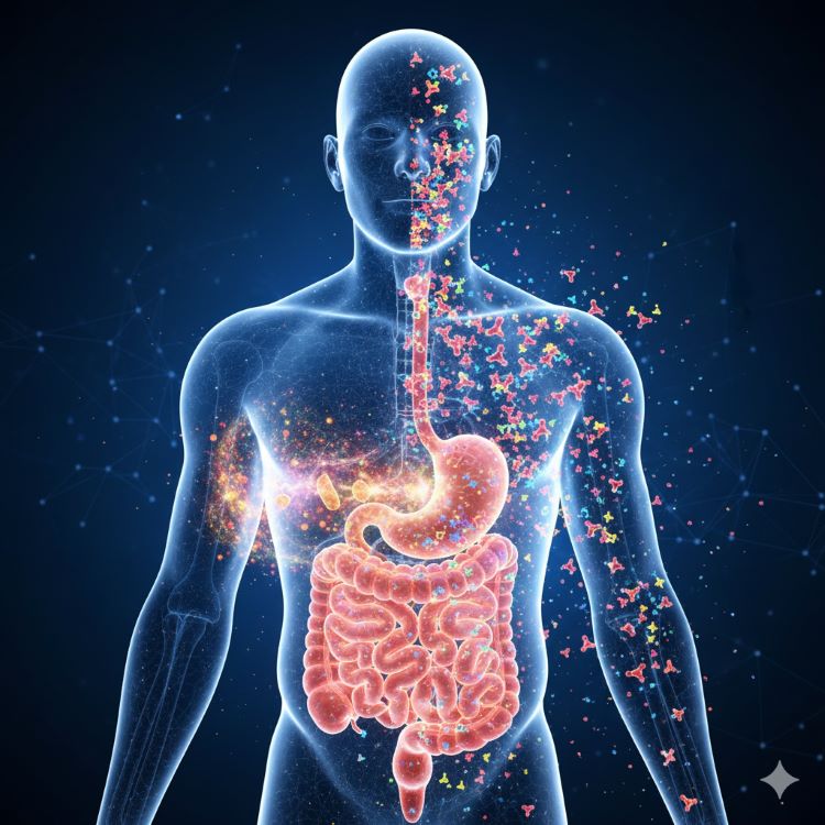 인체 내부를 투시한 의학적 일러스트로, 소화기관에서는 소화효소가 음식을 분해하는 모습(30%)과 전신의 세포들에서 대사효소가 활발히 작동하는 모습(70%)을 시각적으로 대비하여 표현. 에너지가 빛나는 효소 분자들이 몸 곳곳에서 활동하는 역동적인 이미지