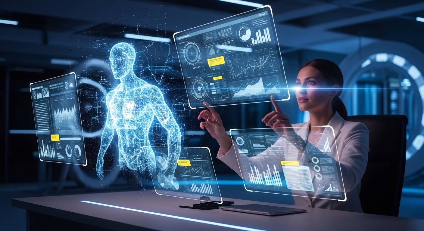 A scientist interacting with a 3D holographic human body and digital data screens in a high-tech lab