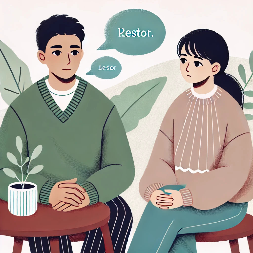 커플이 함께 앉아 대화 중, 한 사람이 신중하게 결혼 이야기를 꺼내는 장면