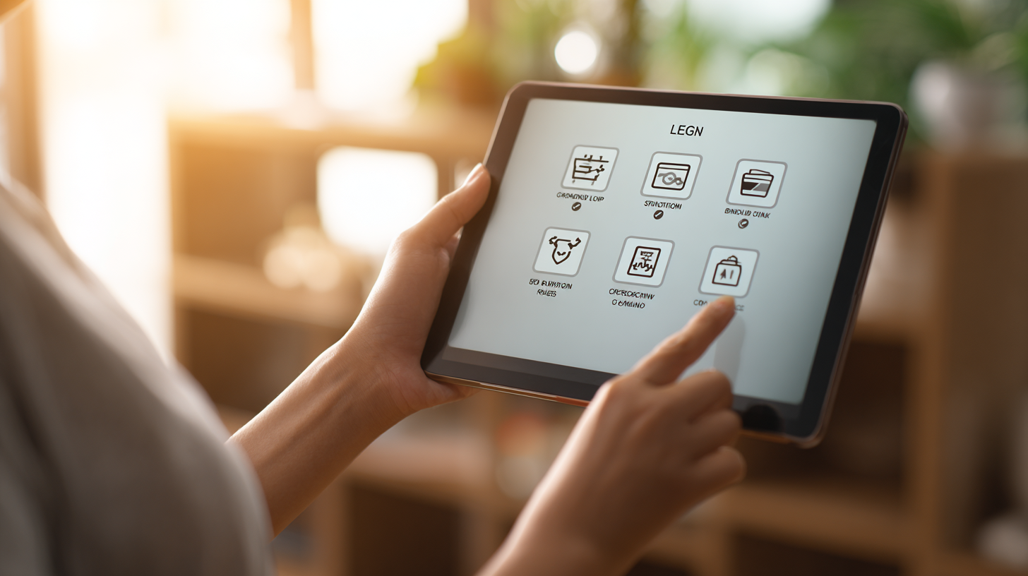 한국인 직장인이 태블릿 화면을 들고 있고, 그 안에 신청부터 환급까지 5단계 절차가 아이콘으로 시각화되어 있음