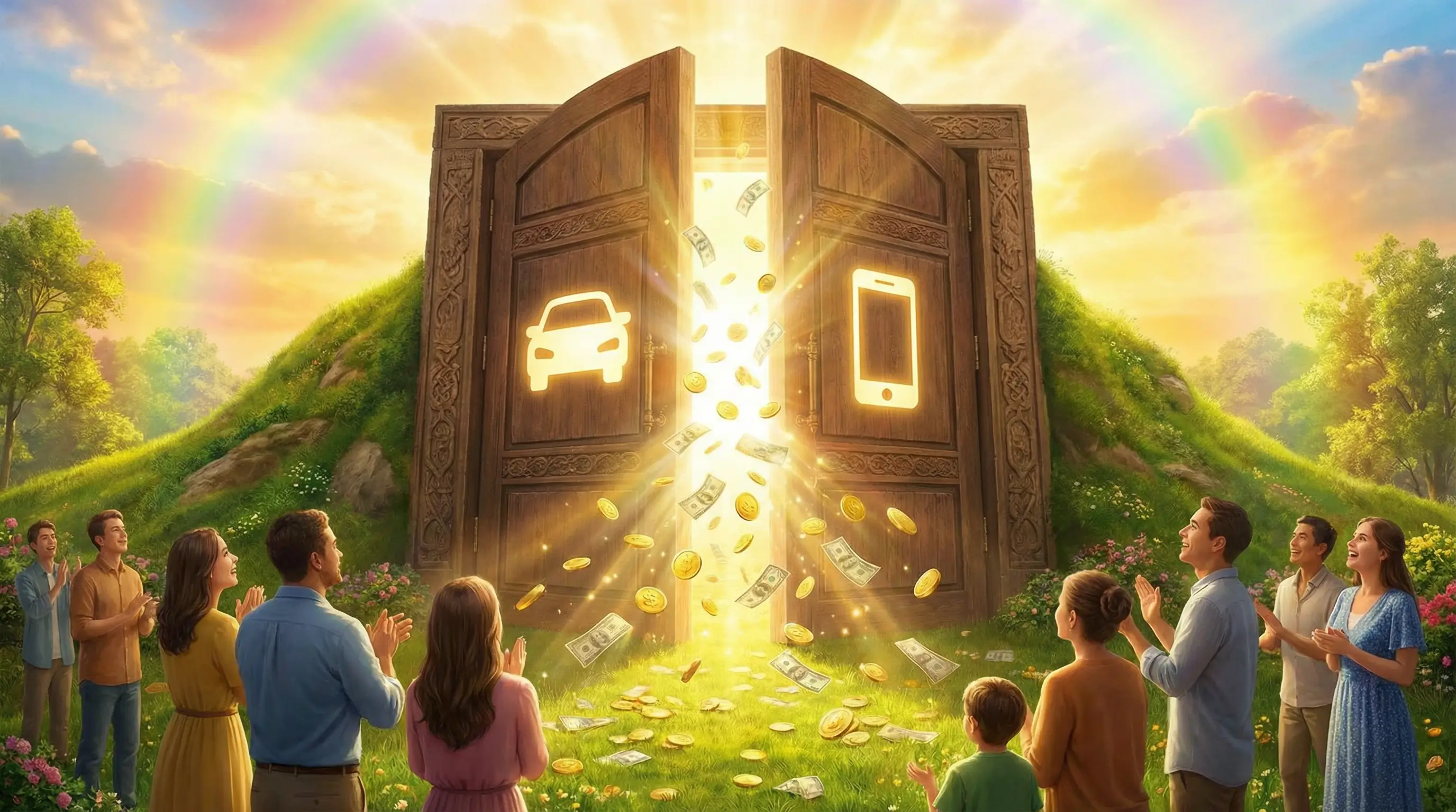 자동차와 스마트폰 아이콘이 그려진 두 개의 문이 활짝 열리며 자금이 쏟아져 나오는 희망적인 이미지