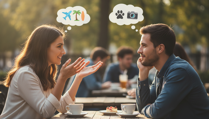 즐겁게 대화하며 서로에게 집중하는 남녀의 모습, 활기찬 첫 데이트 대화 장면