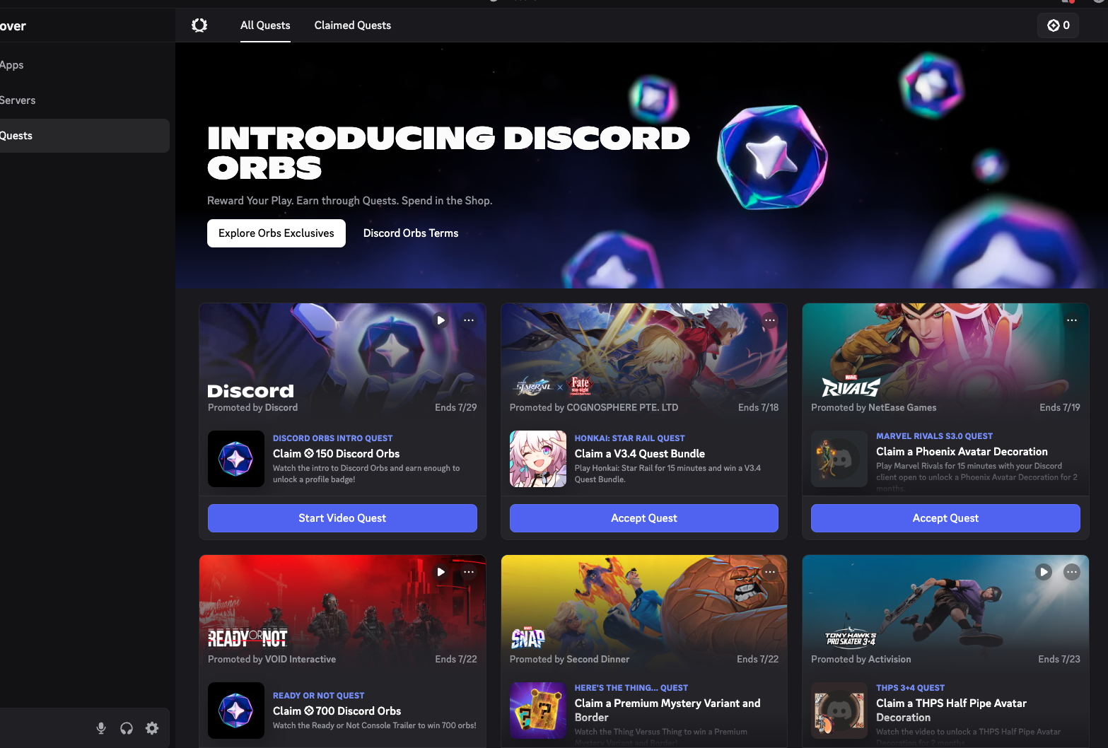 Discord Orbs 메인 화면 퀘스트 및 잔액 확인 인터페이스