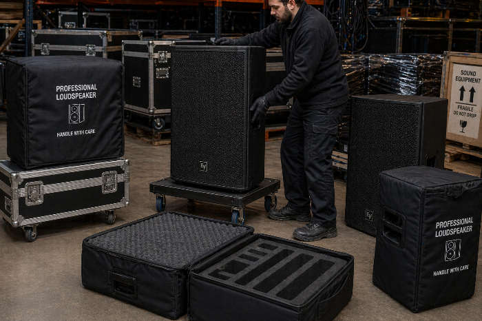 이동 중 보호 커버를 씌운 스피커 관리 장면