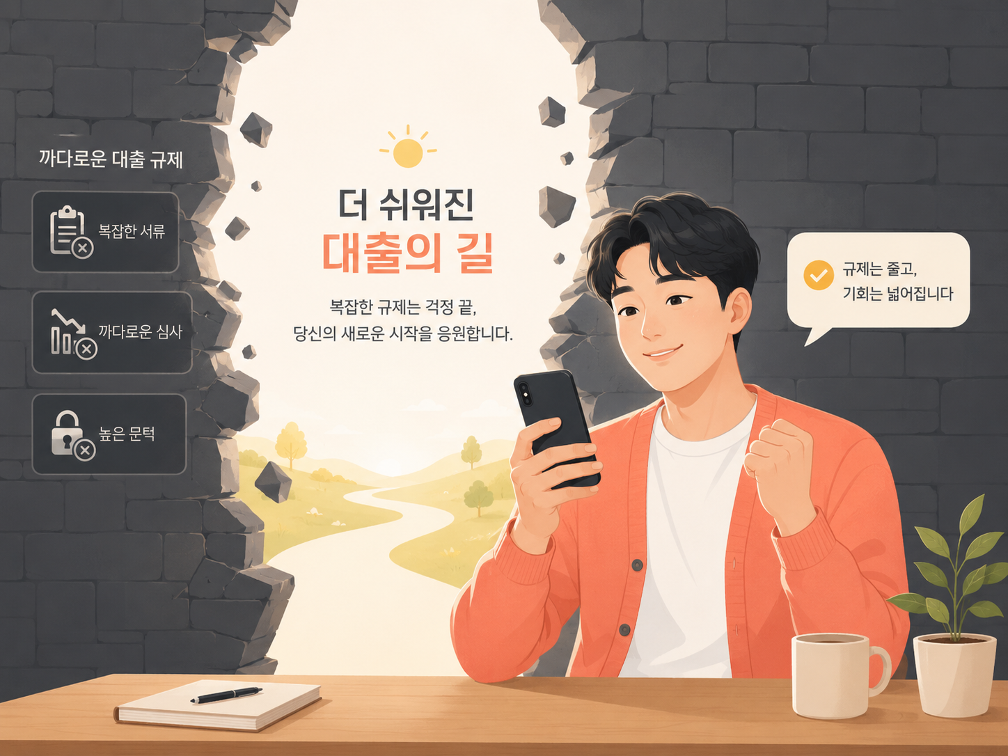 6·27 대출 규제의 벽을 넘지 못하던 사용자가 저축은행 생활안정자금 출시 소식을 접하고 안도하는 모습의 일러스트