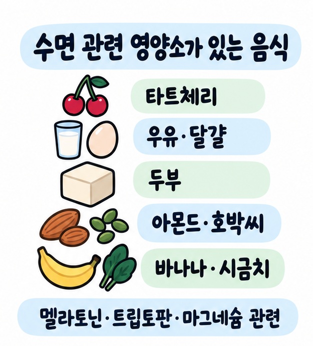타트체리와 우유·달걀, 두부, 아몬드·호박씨, 바나나·시금치처럼 수면 관련 영양소가 있는 음식을 보여주는 카드