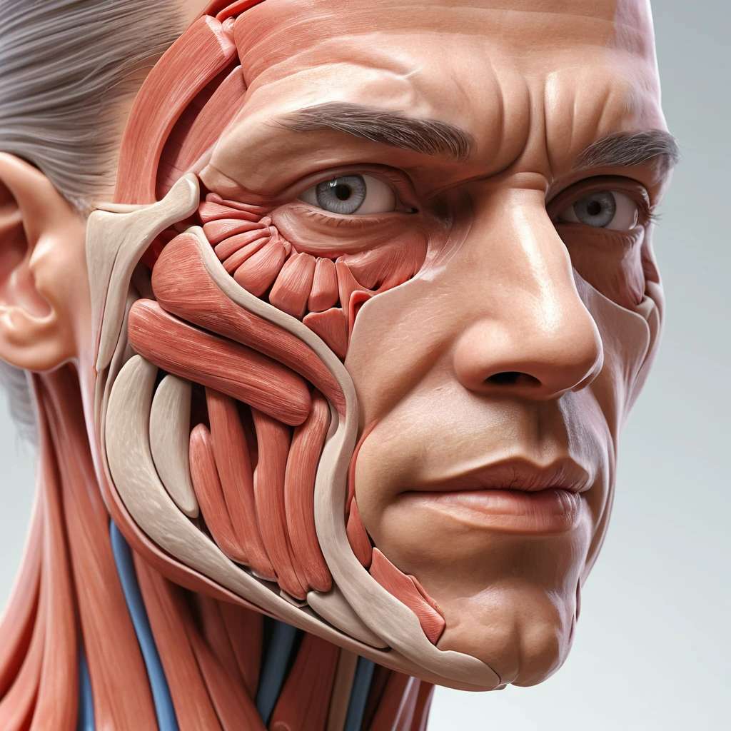 성인 남성의 얼굴 근육 해부학적 단면도. 얼굴 표면을 벗겨 근육과 신경, 조직이 상세하게 표현됨
