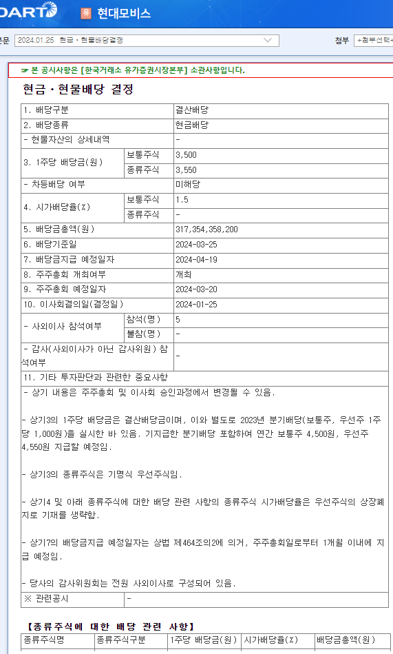 현대모비스 "012330" 배당 : 배당일, 배당금, 배당락일, 주식소각 알아보기 2