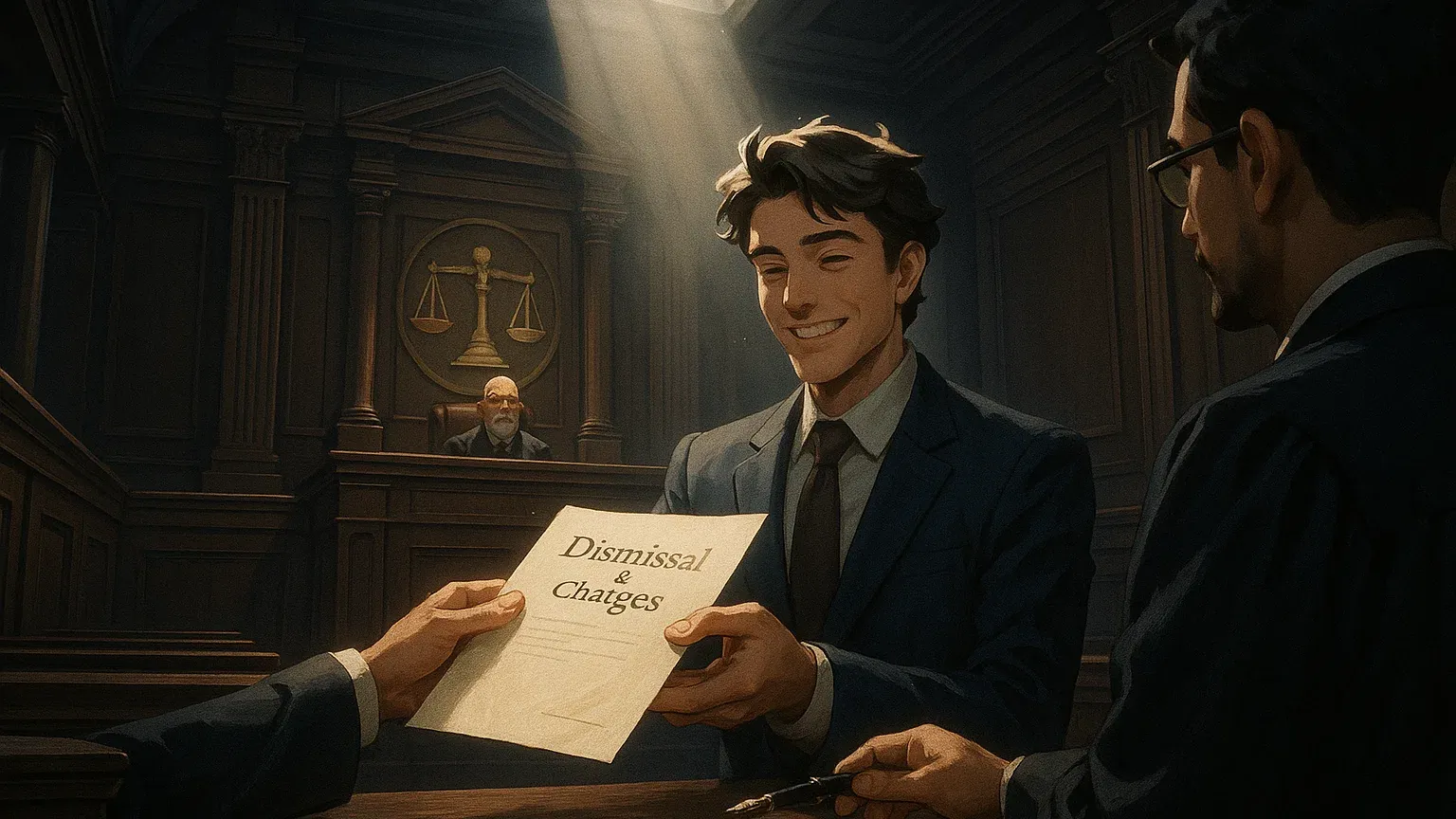 법정에서 고소 취하서를 제출하는 모습을 나타내는 일러스트