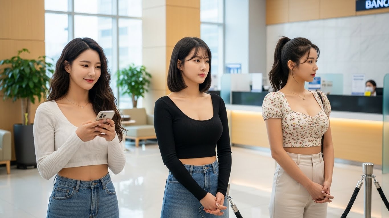 은행업무를 기다리는 여자들