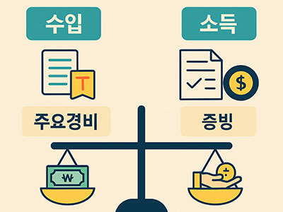 수입과 소득의 차이를 설명하는 균형저울 인포그래픽. 수입 항목 아래에는 주요경비와 관련 문서, 소득 항목 아래에는 증빙 서류와 통화 기호가 함께 표시됨