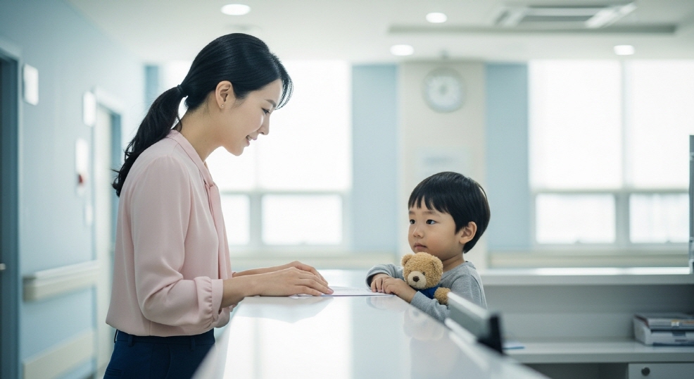 병원에서 접수창구에 서 있는 여성과 아이