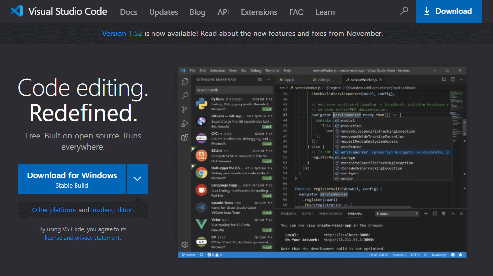 비주얼 스튜디오 코드 공식 웹사이트에서 VSCode를 다운로드한다.