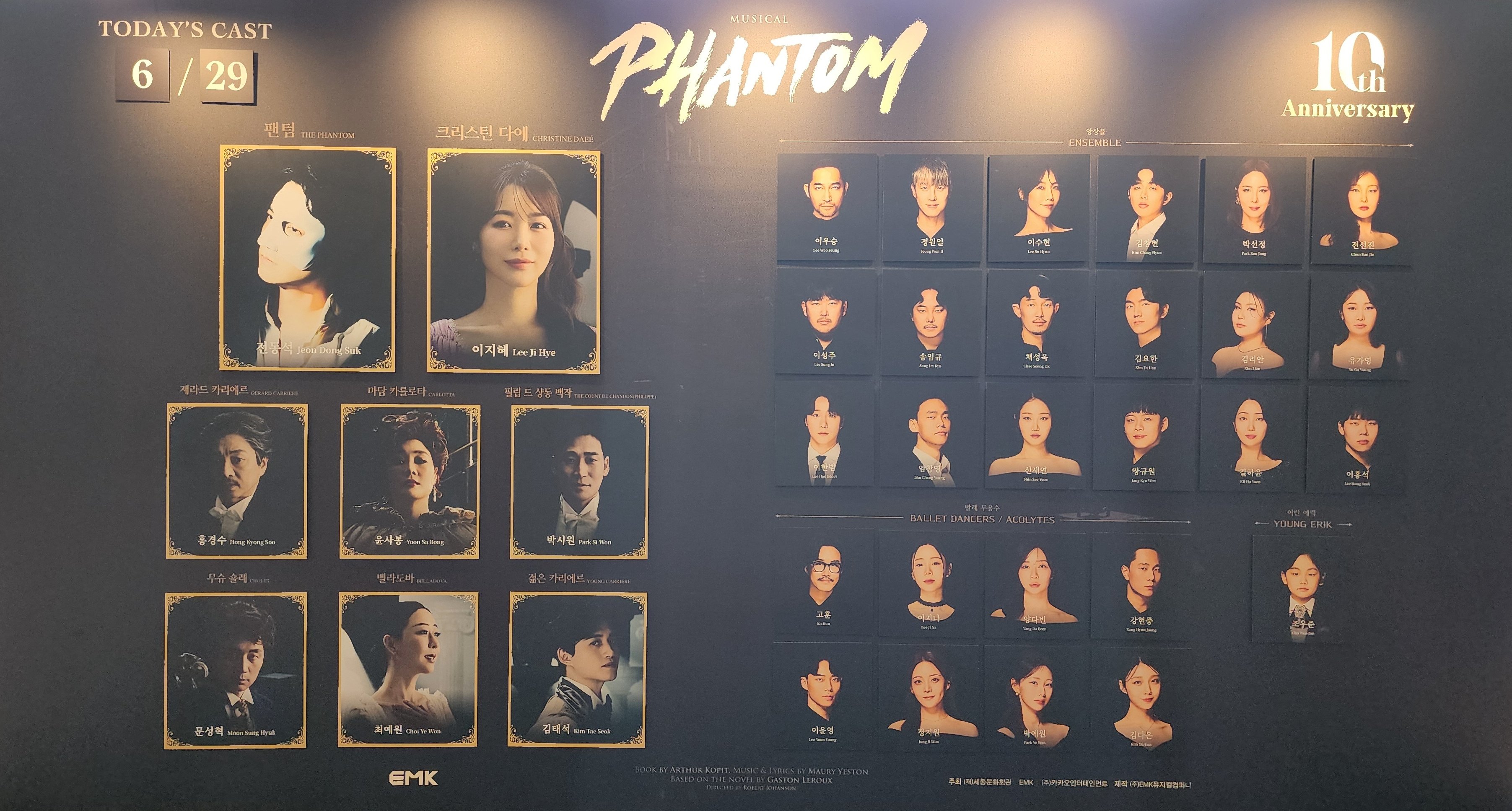 2025년 6월 29일 뮤지컬 팬텀 낮공 캐스팅 보드
팬텀 역 - 전동석
크리스틴 다에 역 - 이지혜
제라드 까리에르 역 - 홍경수
마담 카를로타 역 - 윤사봉
필립 드 샹동 백작 역 - 박시원
무슈 숄레 역 - 문성혁
벨라도바 역 - 최예원
젊은 카리에르 역 - 김태석
어린 에릭 역 - 조우준
앙상블 - 이우승, 정원일, 이수현, 김창현, 박선정, 전선진, 이성주, 송임규, 채성욱(르두 경감 커버), 김요한, 김리안, 유가영, 이한범, 임창영, 신새연, 장규원, 길하윤, 이홍석(장 클로드 커버)
발레 무용수- 고훈, 이지나, 양다빈, 강현중, 이윤영, 정지원, 박예원, 김다은