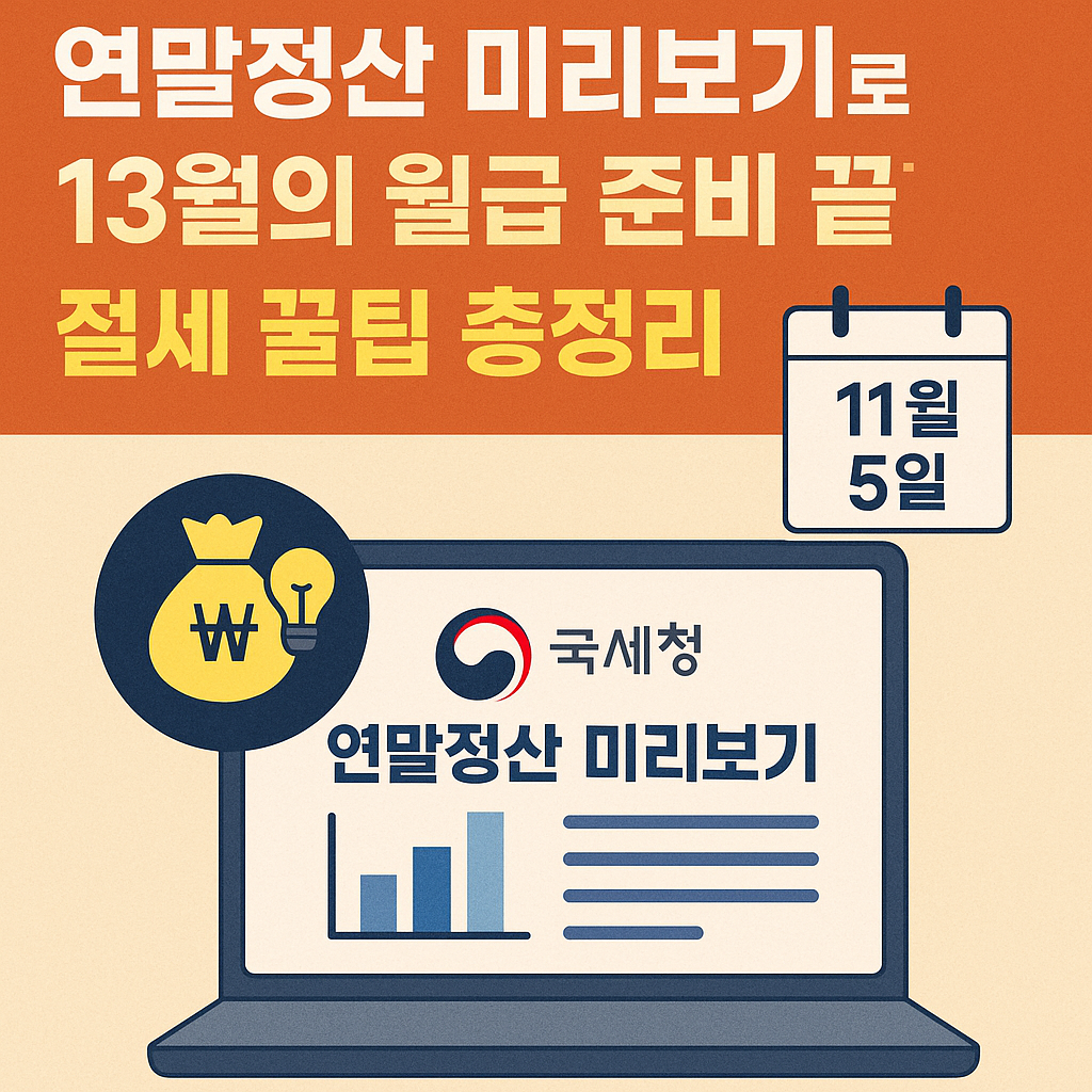 국세청 연말정산 미리보기 서비스로 절세 전략을 점검하고 예상 환급액을 확인하는 뉴스형 썸네일 이미지