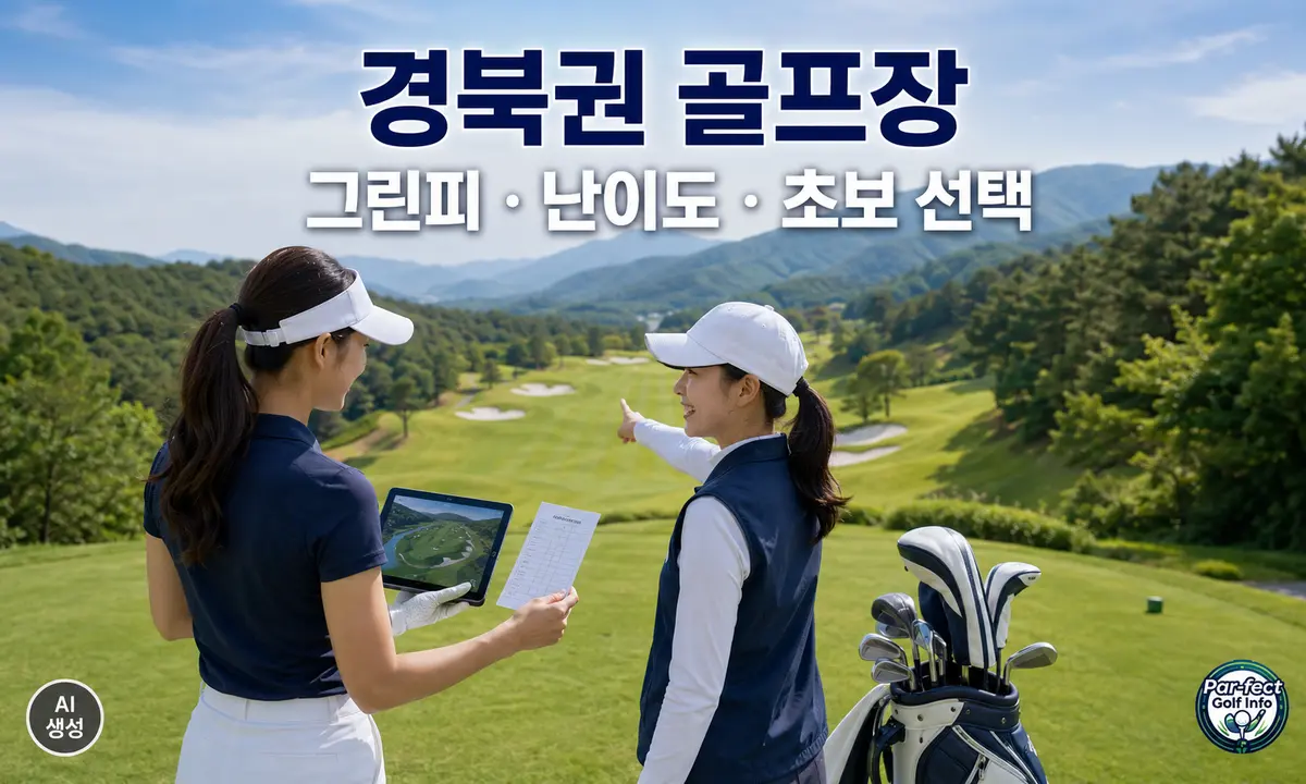 경북권 산악형 골프장에서 초보 여성 골퍼가 캐디와 그린피 안내 및 코스 지도를 확인하는 모습