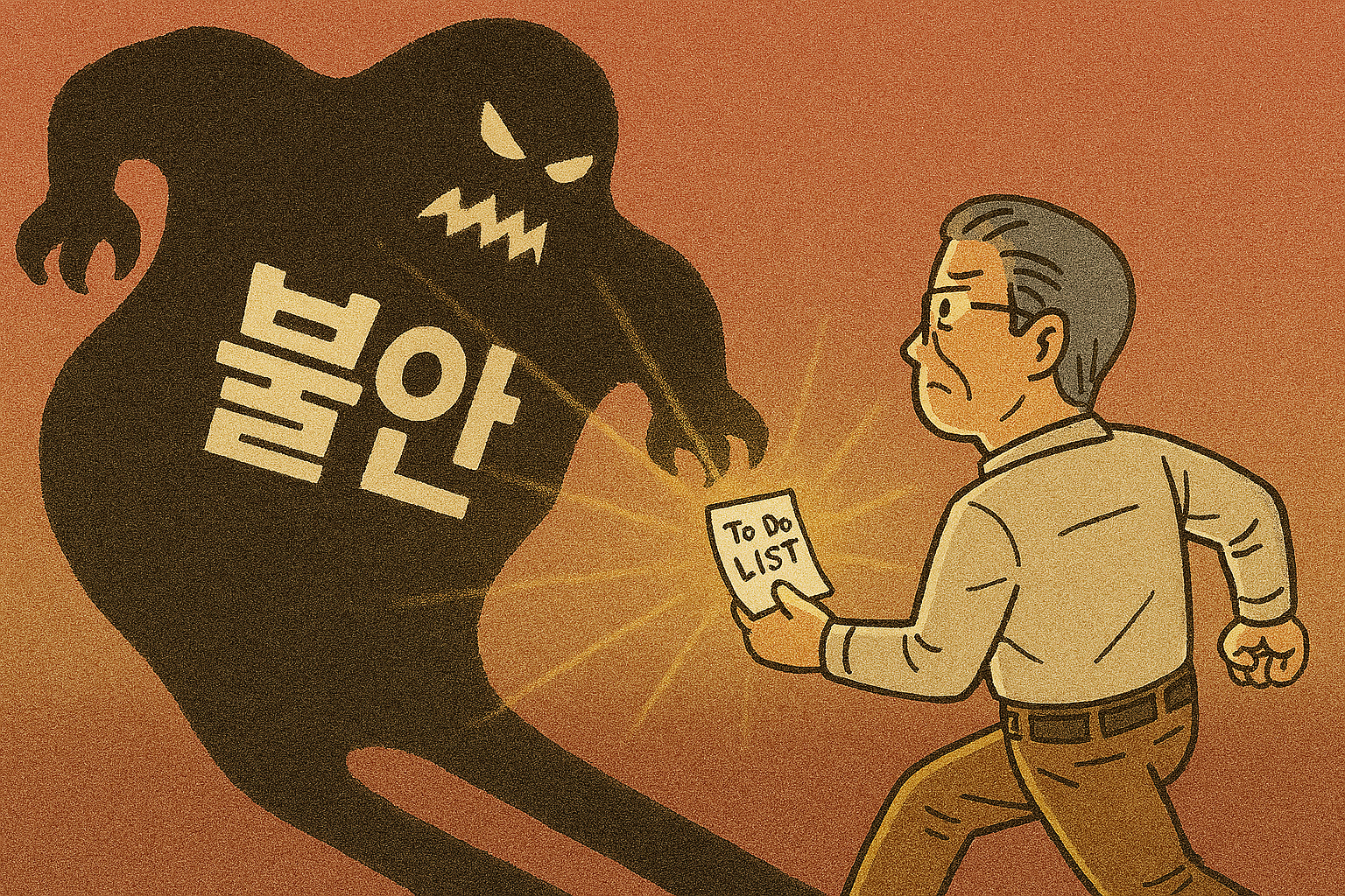 '투 두 리스트'를 무기로 삼아 거대한 '불안' 괴물을 압도하며 능동적으로 나아가는 50대 남성.