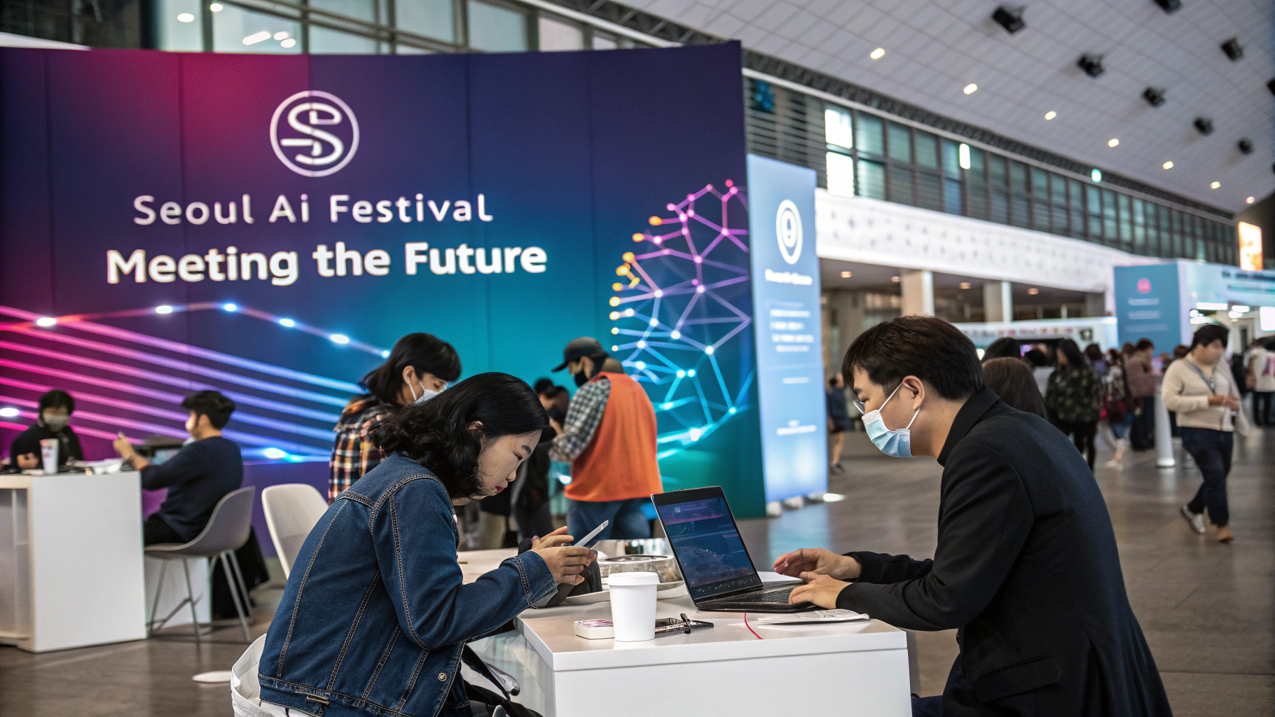 Seoul AI Festival &ndash; Meeting the Future&rsquo;라는 문구가 적힌 대형 전시 배너 앞에서 사람들이 테이블에 앉아 노트북과 스마트폰을 사용하고 있는 모습. 일부 참가자들은 마스크를 착용하고 있으며, 주변에는 다양한 행사 부스를 둘러보는 관람객들이 붐비고 있음. 행사장은 현대적인 실내 공간으로 구성되어 있고, 배경에는 네트워크를 형상화한 그래픽이 배치되어 있음.