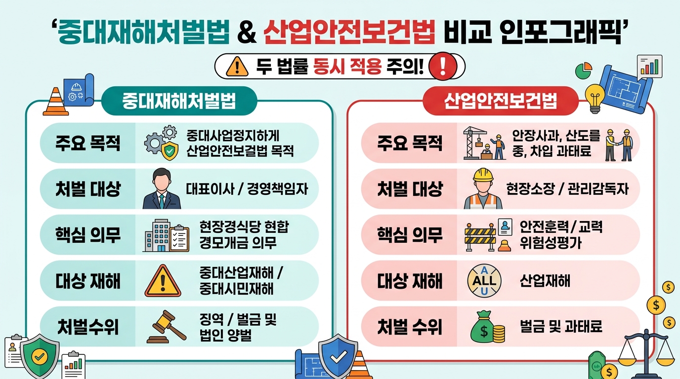 중대재해처벌법 vs 산안법 동시 적용 — 경영책임자·현장관리자 처벌 구조 비교 인포그래픽