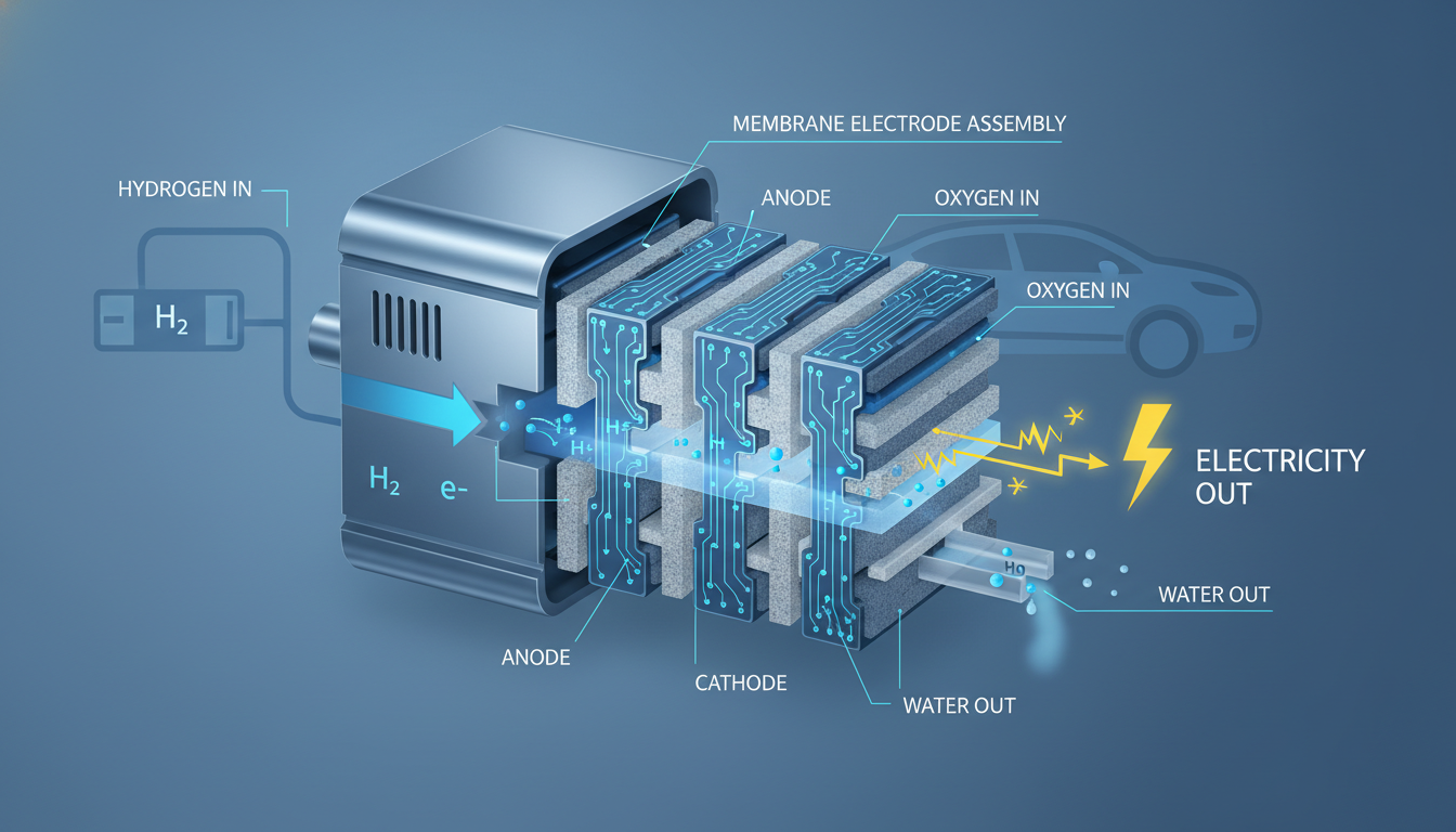 수소와 산소의 화학 반응으로 전기를 생산하는 수소 연료전지 스택의 상세 단면도. 핵심 부품과 작동 원리를 시각적으로 보여줍니다.