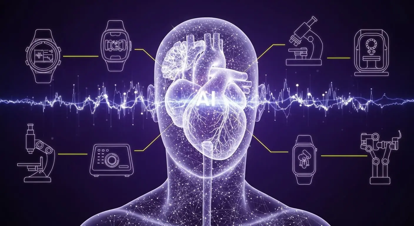 AI 기술이 융합된 의료기기 이미지가 신경망과 데이터 흐름으로 표현되어 미래 의료 산업의 혁신을 상징합니다.