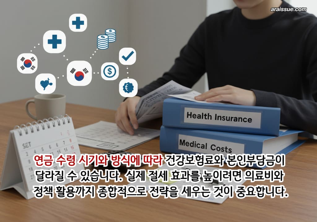 연금 수령 시기와 방식에 따라 건강보험료와 본인부담금이 달라질 수 있습니다. 실제 절세 효과를 높이려면 의료비와 정책 활용까지 종합적으로 전략을 세우는 것이 중요합니다.
