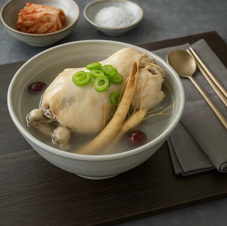 인삼과 대추를 넣어 담백하게 끓여낸 보양식 삼계탕 한 그릇