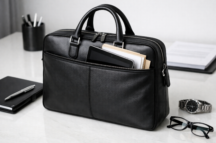 전문성과 준비성을 강조하는 로고리스 가죽 서류 가방과 비즈니스 소품