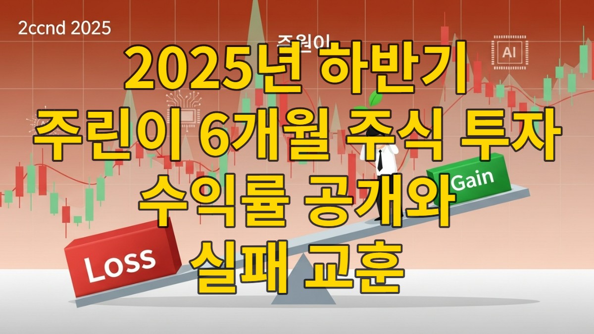 2025년 하반기 주식 시장에서 손실을 경험한 주린이가 좌절감 속에서도 투자 교훈을 얻는 모습을 비유적으로 나타낸 이미지. 빨간색 손실 블록이 무겁게 내려앉은 시소에 서 있는 주린이의 모습.