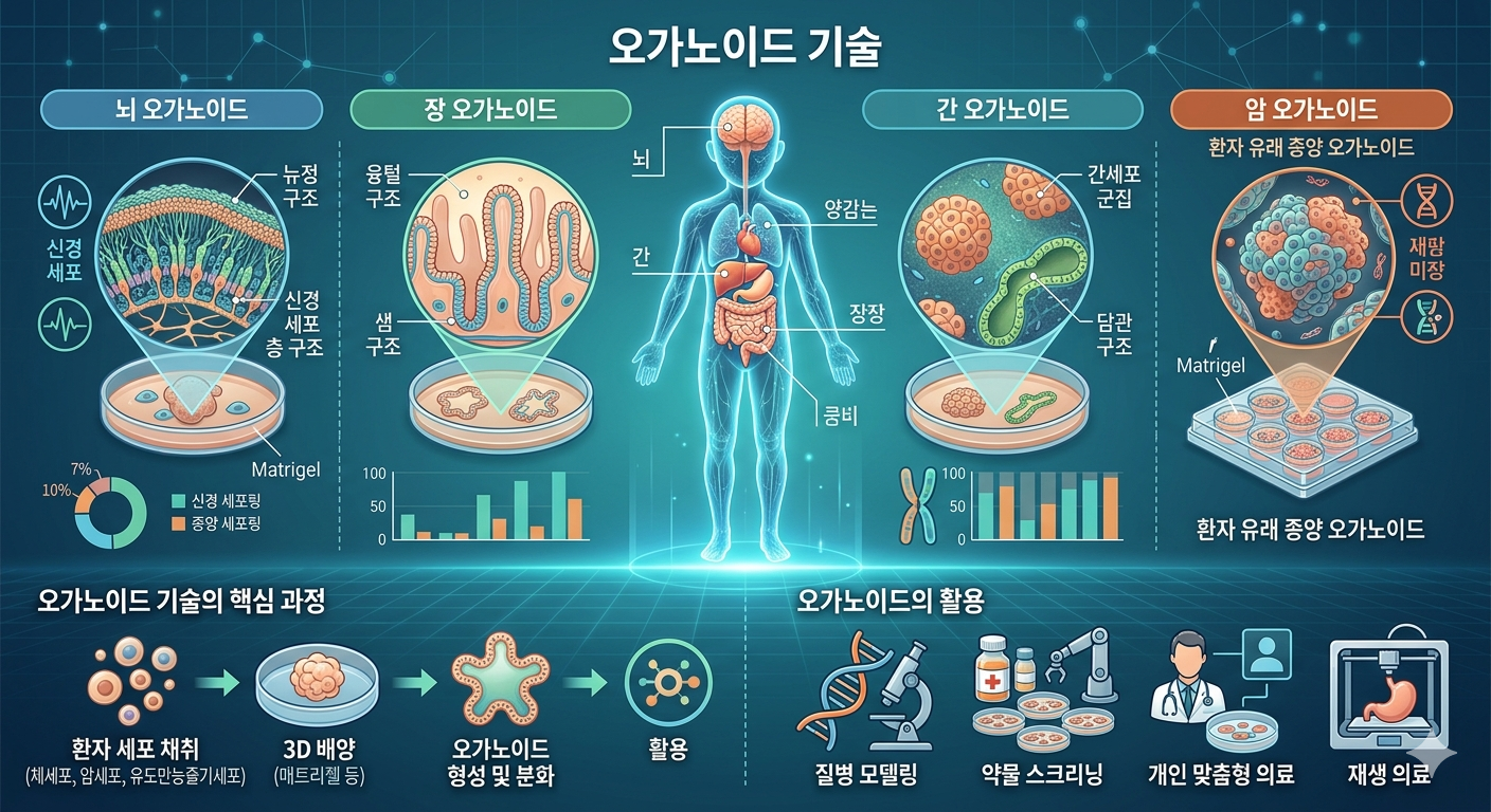 오가노이드 기술의 정의와 뇌, 장, 간, 암 오가노이드의 구조 및 활용 방안을 설명하는 종합 인포그래픽 이미지