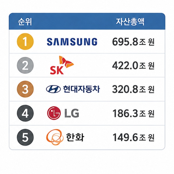 삼성, SK, 현대자동차, LG, 한화가 공정자산총액 기준 상위 5개 기업집단임을 보여주는 순위표