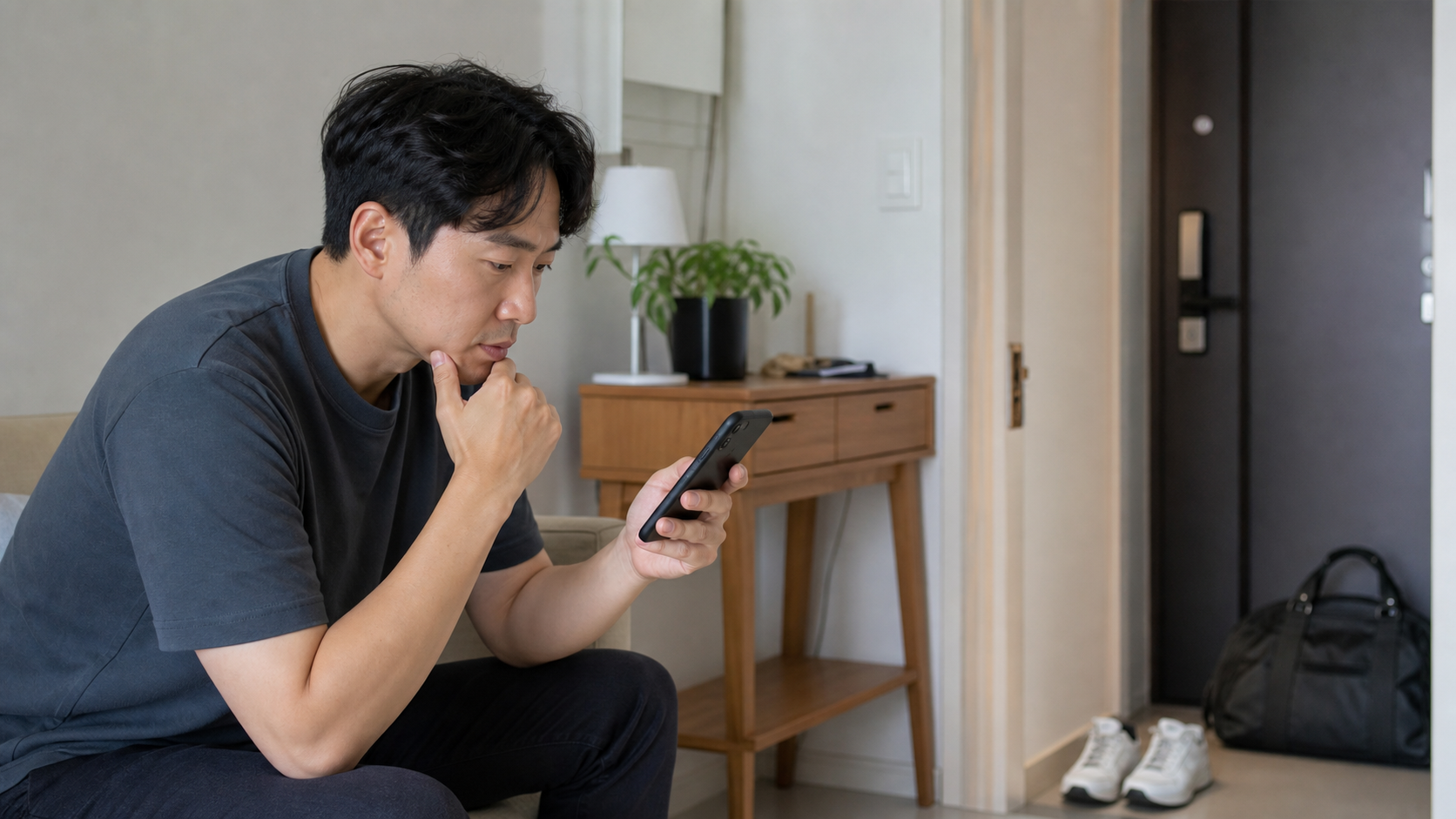 집에서 스마트폰의 건강 권한과 연결 상태를 확인하는 모습