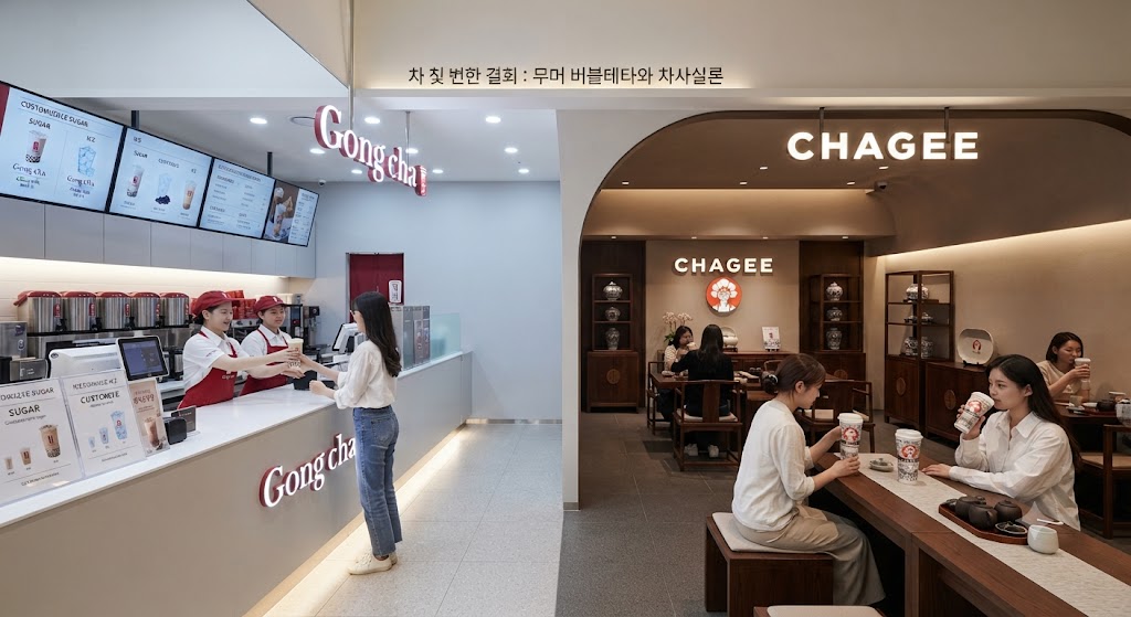 미니멀하고 정돈된 카페 인테리어 속에서 각기 다른 콘셉트의 음료들을 비교하는 듯한 구도. 깔끔한 테이크아웃 존을 갖춘 대중적인 매장 카운터와, 동양적 미학이 가미된 우드 톤의 프리미엄 티 바 공간이 나란히 연상되는 모던 비즈니스 공간의 인테리어 컷.