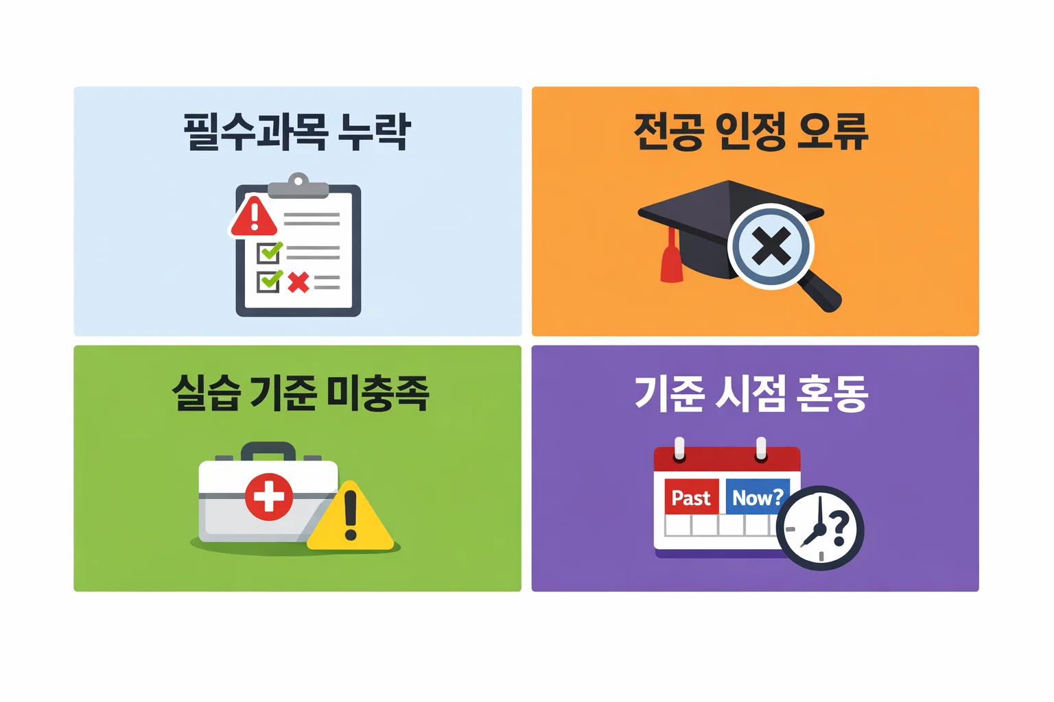 사회복지사 2급 이수과목 기준에서 필수과목 누락과 전공 인정 오류 등 실수 사례를 정리한 이미지입니다