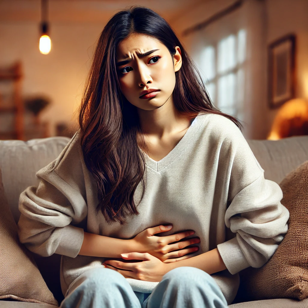 A woman is stressed out due to her bloating.