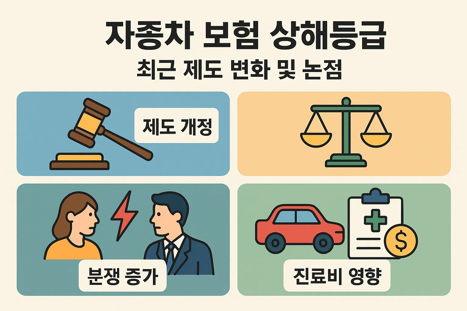 최근 자동차책임보험 상해등급 제도 개정과 법적 분쟁, 진료비 영향 등 주요 변화를 설명하는 인포그래픽으로, 자동차보험 제도변화에 따른 실질적 영향과 논점을 쉽게 파악할 수 있는 이미지입니다.