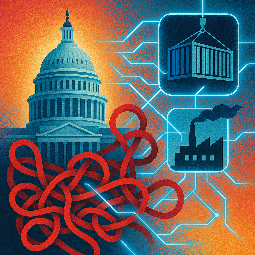 정부 건물과 얽혀 있는 복잡한 무역 경로와 규제 문서를 상징하는 이미지