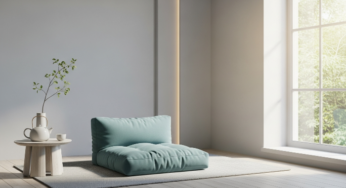 명상을 위한 아늑하고 조용한 실내 공간, 창문으로 햇살이 들어와 평화로운 분위기를 연출합니다.