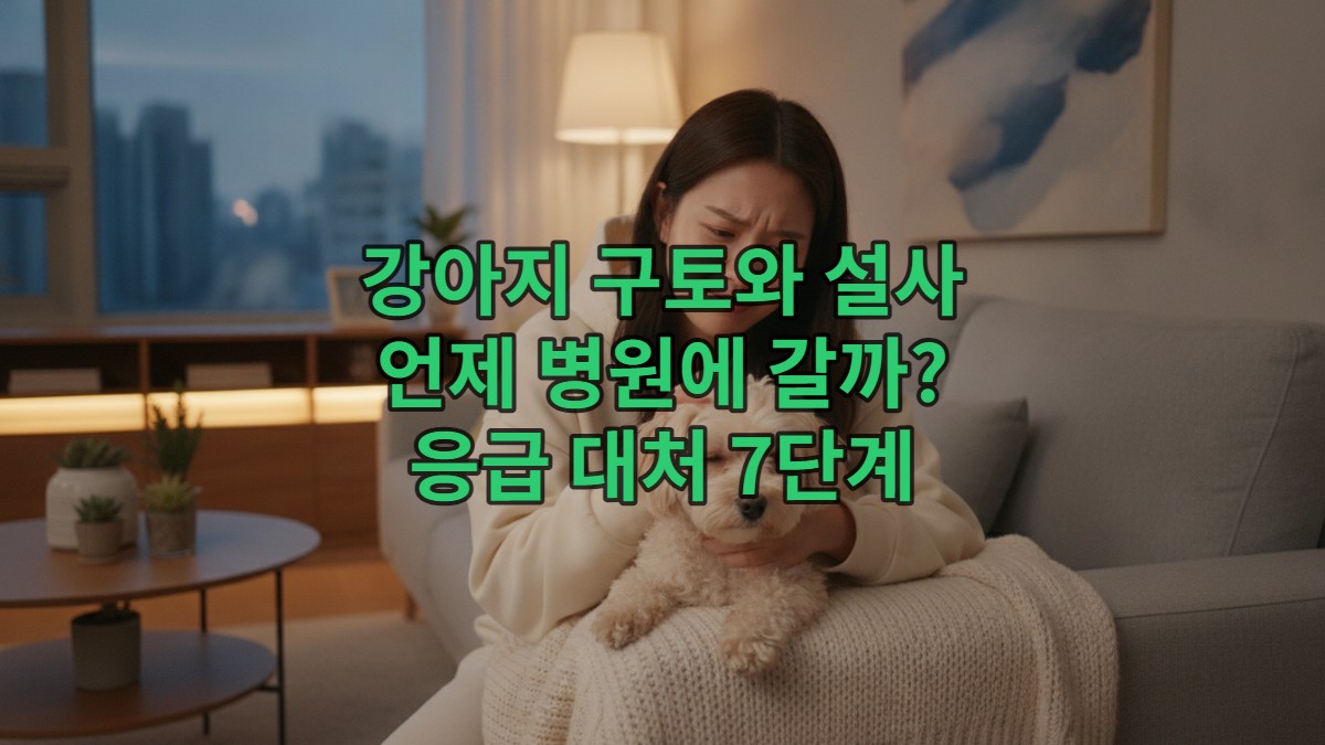 걱정스러운 표정으로 구토와 설사 증상을 보이는 반려견을 부드럽게 쓰다듬는 한국인 여성 보호자의 모습