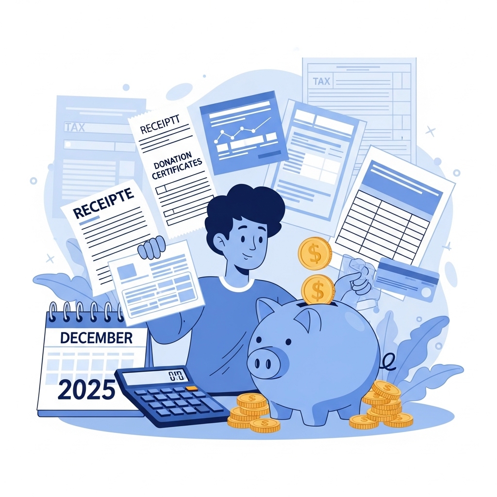 연말정산 서류를 정리하며 기부금, 신용카드 영수증 등을 통해 세금을 절약하고 환급받는 모습을 상징하는 이미지
